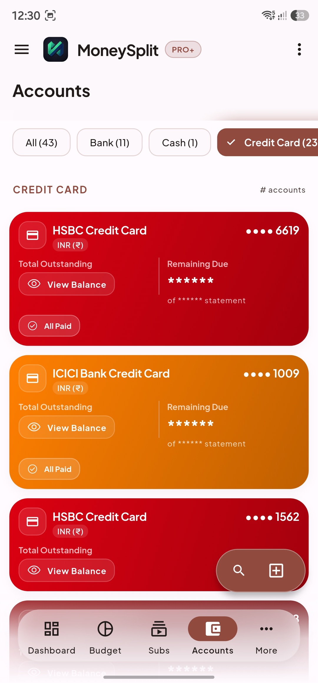 Accounts screen