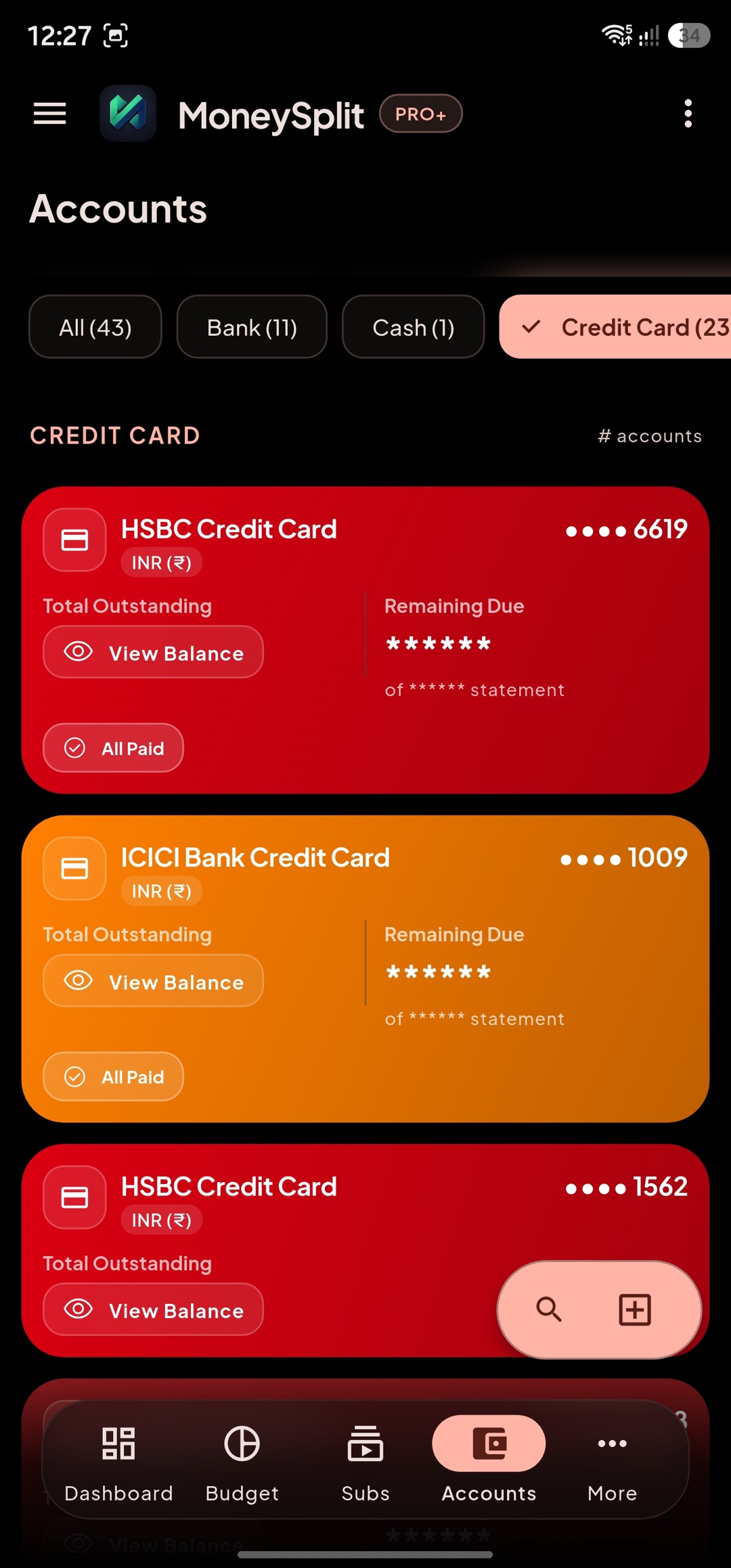 Accounts screen in dark mode