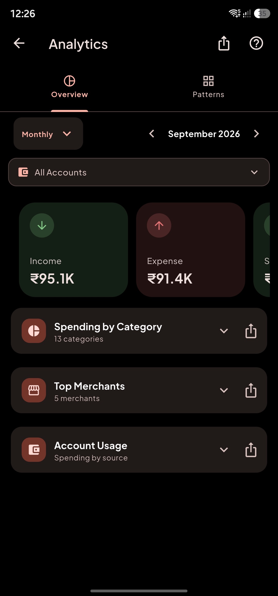 Investments screen in dark mode