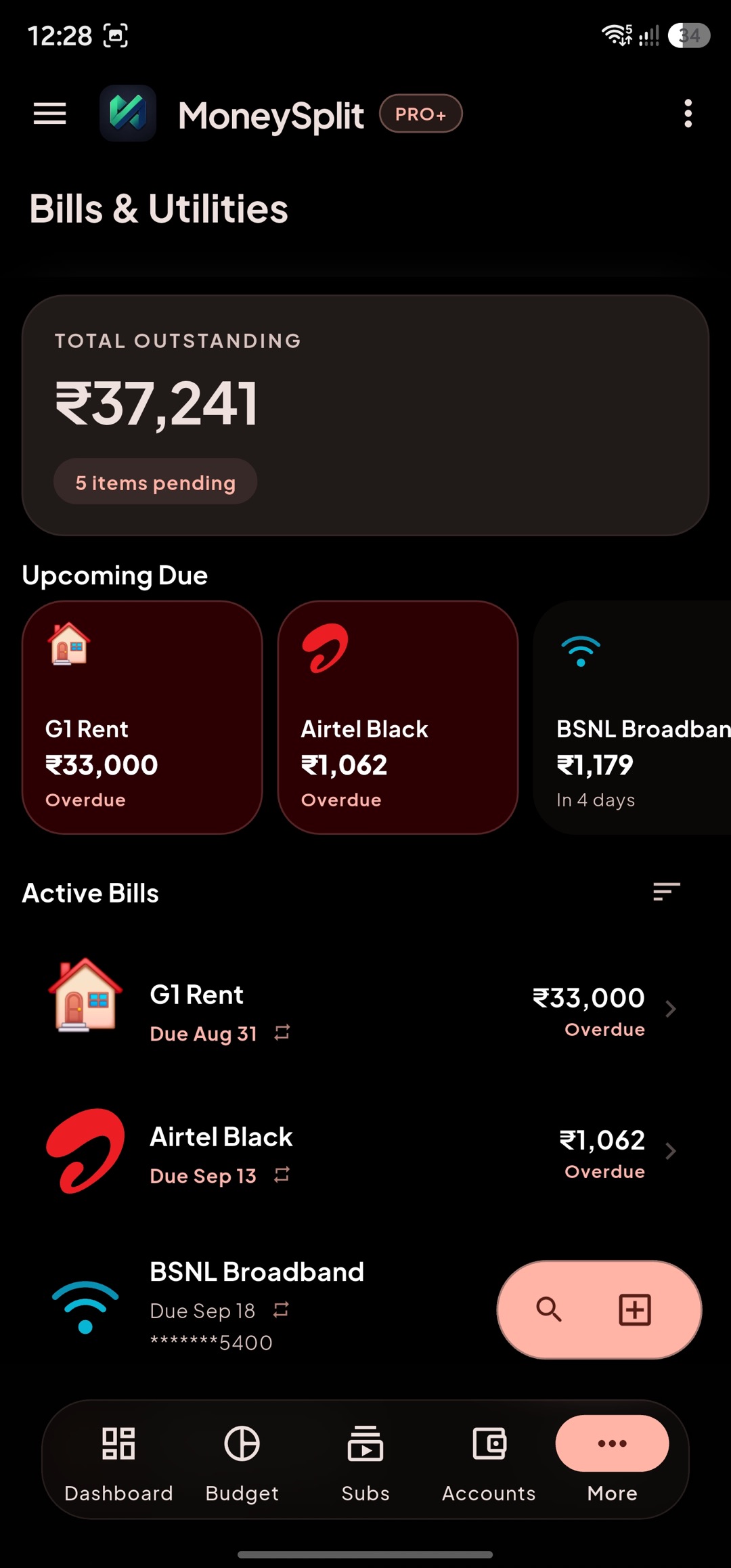 Bills screen in dark mode