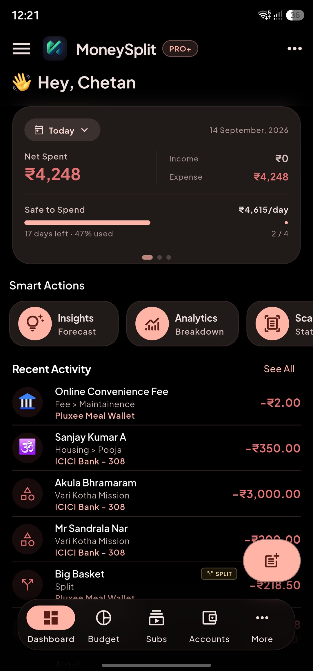 Dashboard & Analytics screen in dark mode