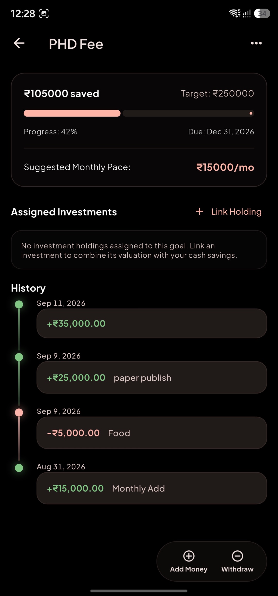 Savings Goals & Sinking Funds screen in dark mode