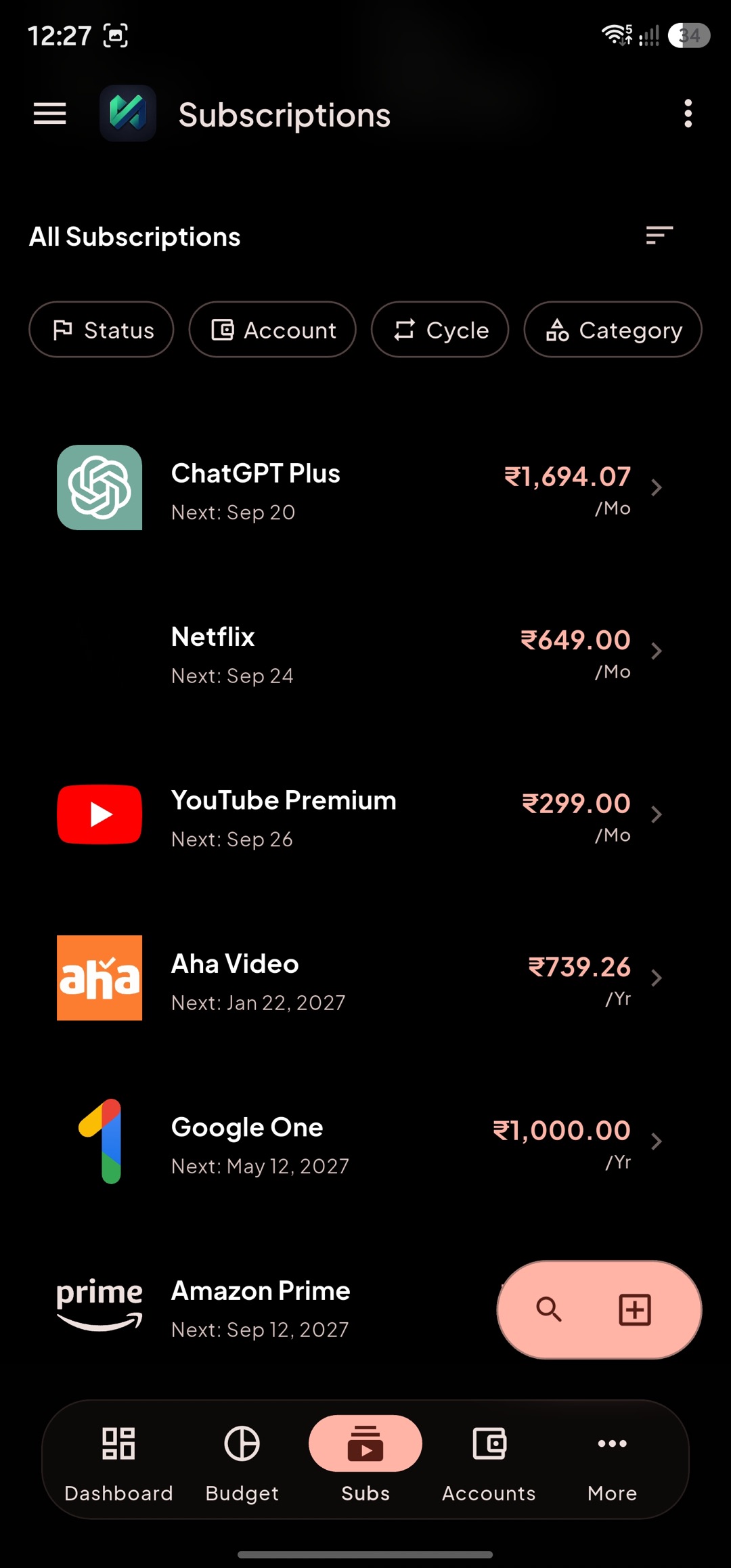 Subscriptions screen in dark mode