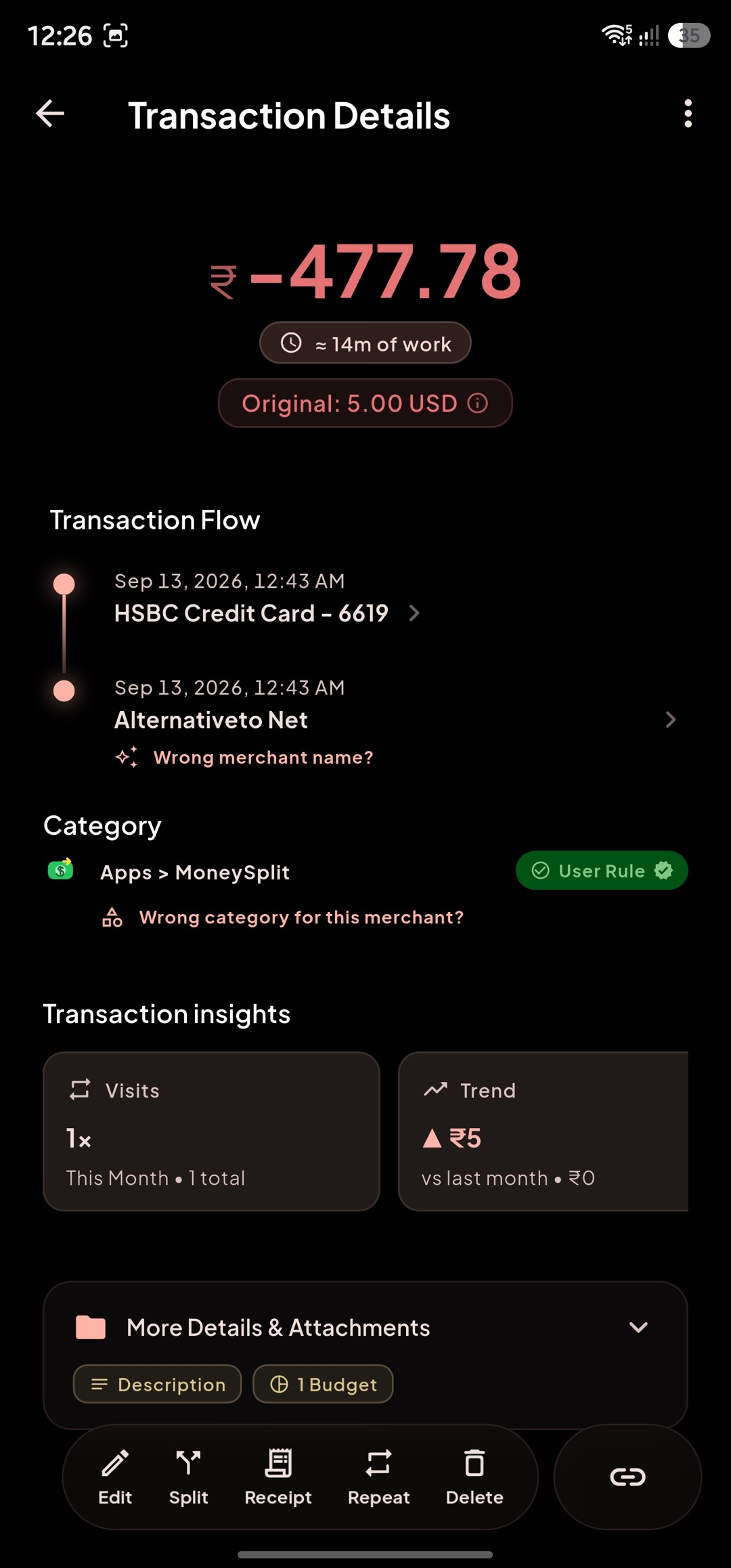 Transactions screen in dark mode