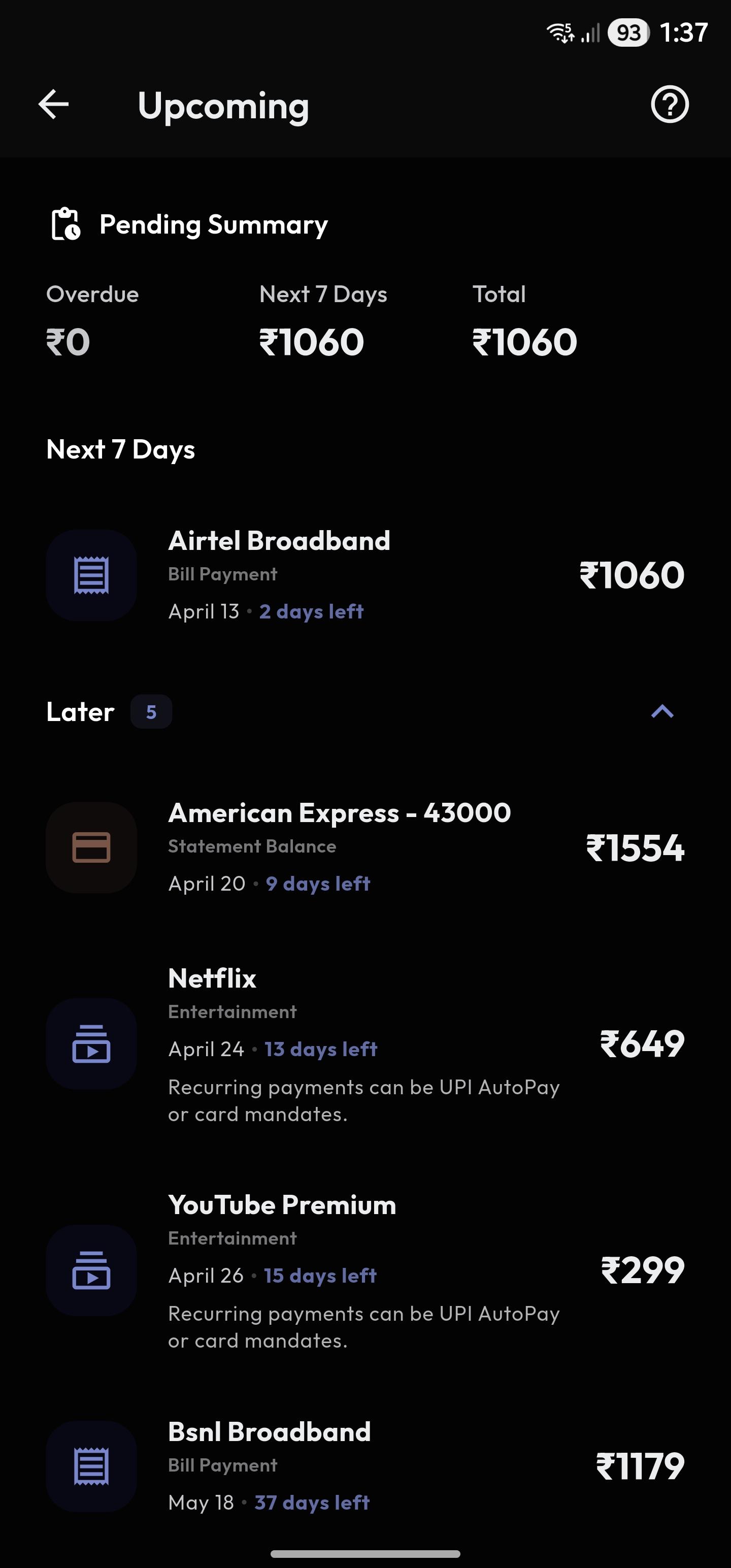 Upcoming screen in dark mode
